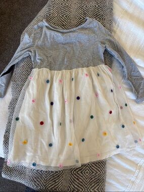Girls' Grey Hanna Andersson dress with White Tulle Skirt and Colorful Pom Dots